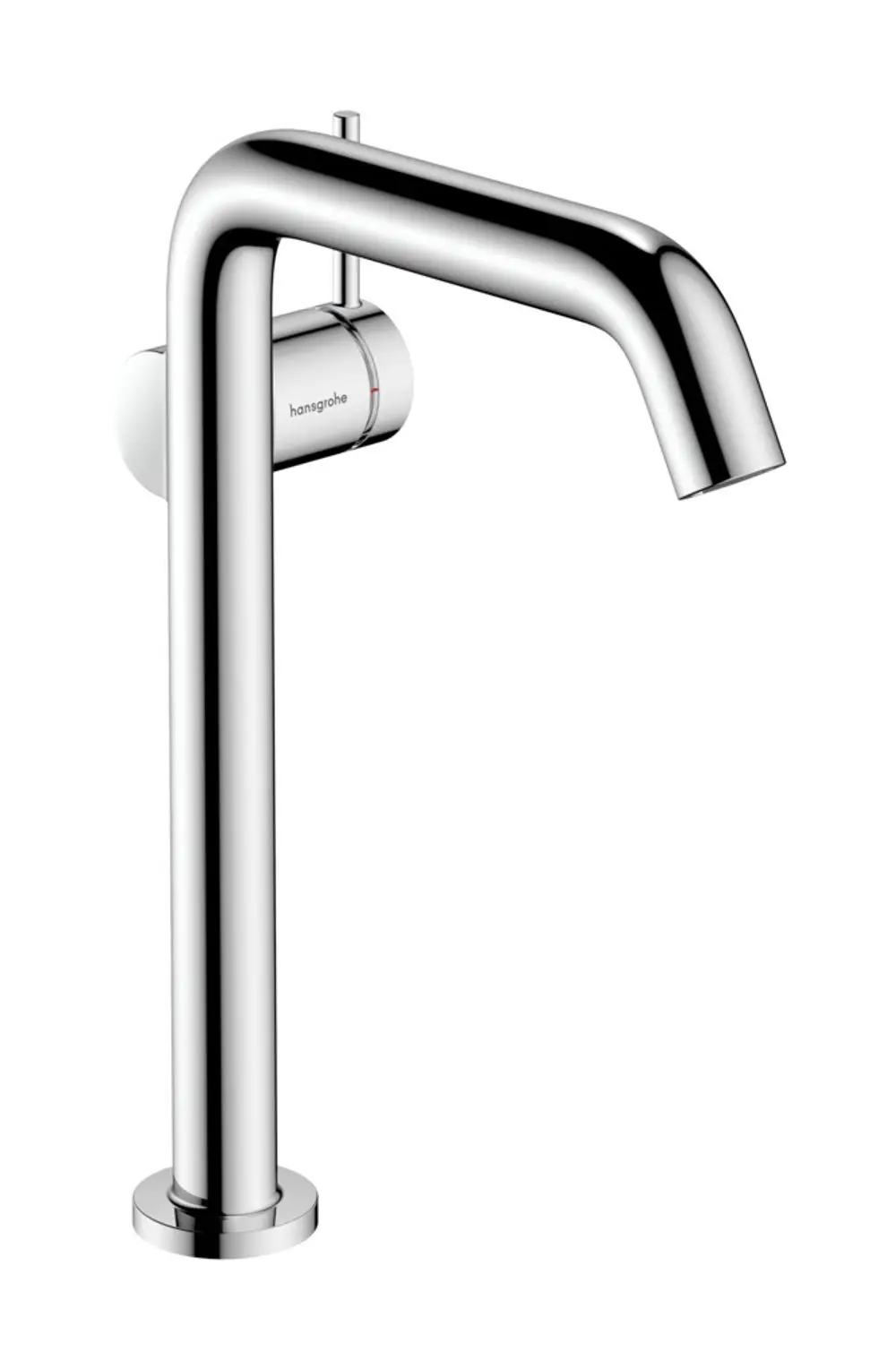 Einhebel-Waschtischmischer von Hansgrohe mit glänzender Chrom-Oberfläche, geeignet für Aufsatzwaschtische, ausgestattet mit Push-Open Ablaufgarnitur.